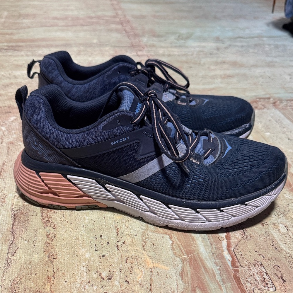 Hoka Black and Gray Athletic Shoes with Pink Accents